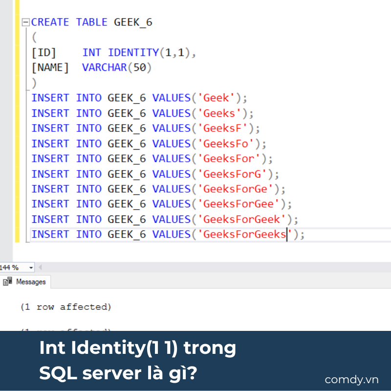 Int Identity(1 1) trong SQL server là gì